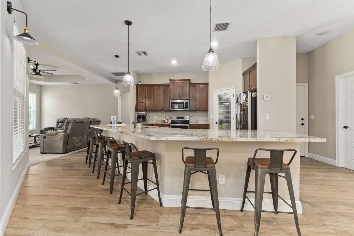 Interior, Kitchen, Living room, Pendant Lights, Recessed Lighting, Stainless Steel Appliances, Wood Texture Flooring