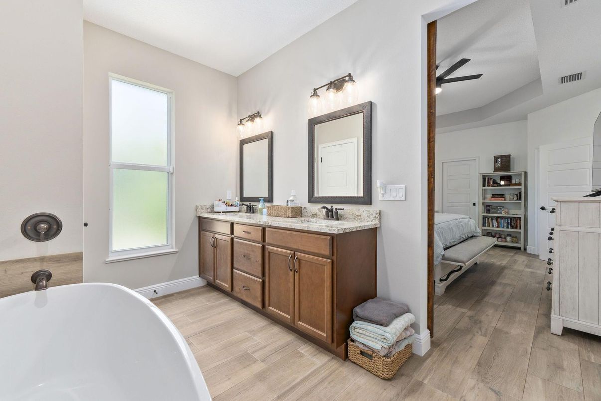 Bathroom, Bedroom, Dual Sink Vanities, Free Standing Baths, Interior, Wood Texture Flooring