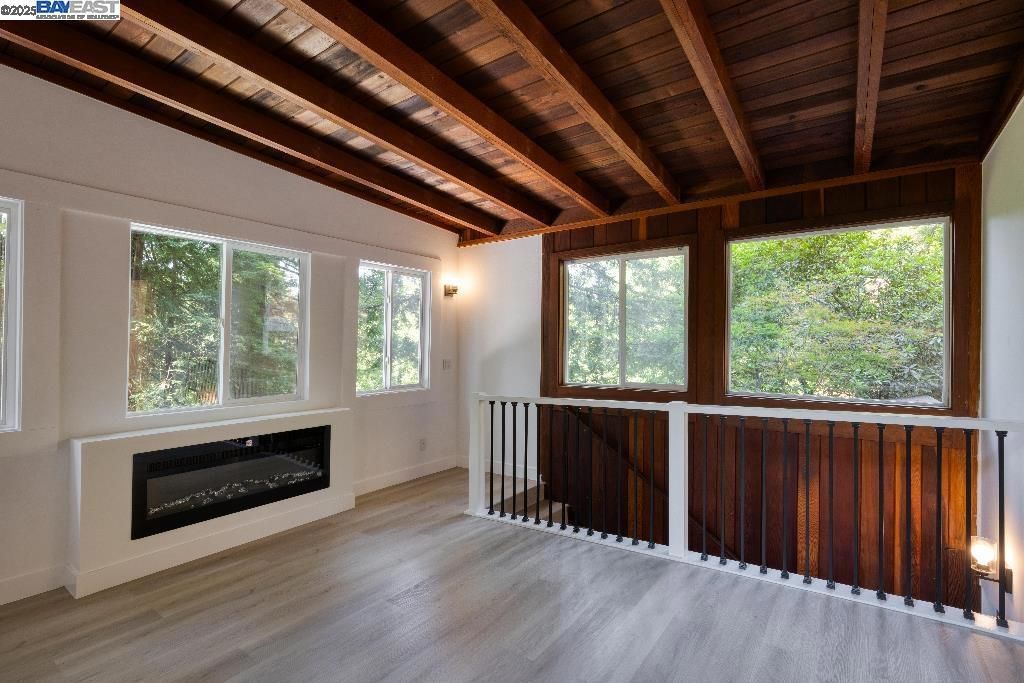 Empty room, Fireplace, Interior, Wooden Beams, Wooden Ceilings, Wood Texture Flooring