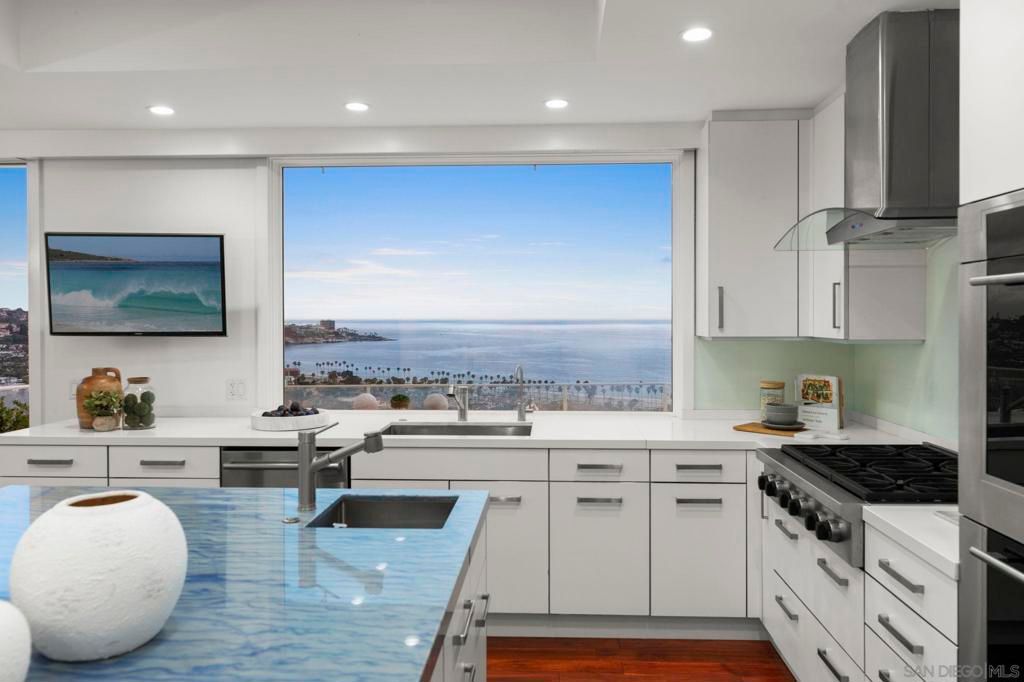 Interior, Kitchen, Recessed Lighting, Stainless Steel Appliances, Water, Wood Texture Flooring