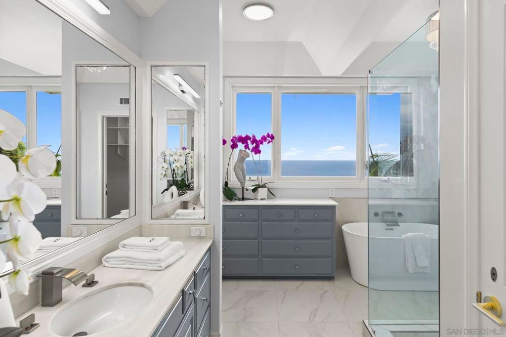 Bathroom, Dual Sink Vanities, Free Standing Baths, Glass Shower, Interior, Marble, Recessed Lighting, Water