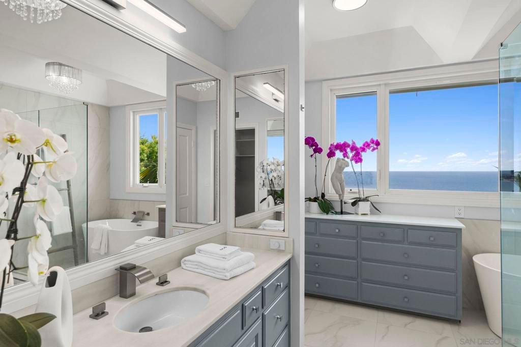 Bathroom, Dual Sink Vanities, Free Standing Baths, Glass Shower, Interior, Marble, Recessed Lighting, Water