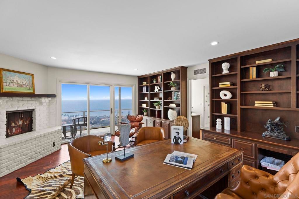 Fireplace, Home Office, Interior, Recessed Lighting, Water, Wood Texture Flooring