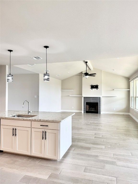 Empty room, Fireplace, Interior, Pendant Lights, Recessed Lighting, Wood Texture Flooring