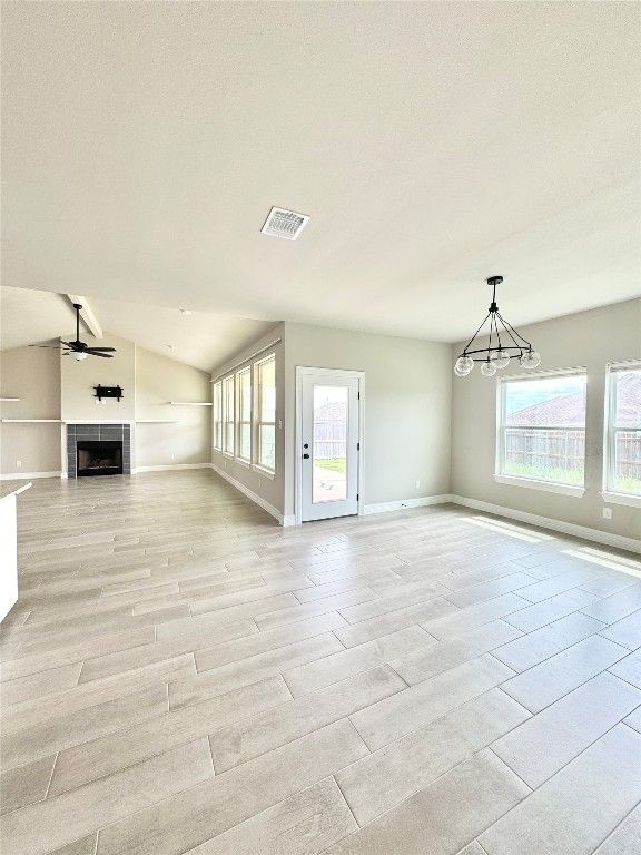 Empty room, Fireplace, Interior, Pendant Lights, Wood Texture Flooring