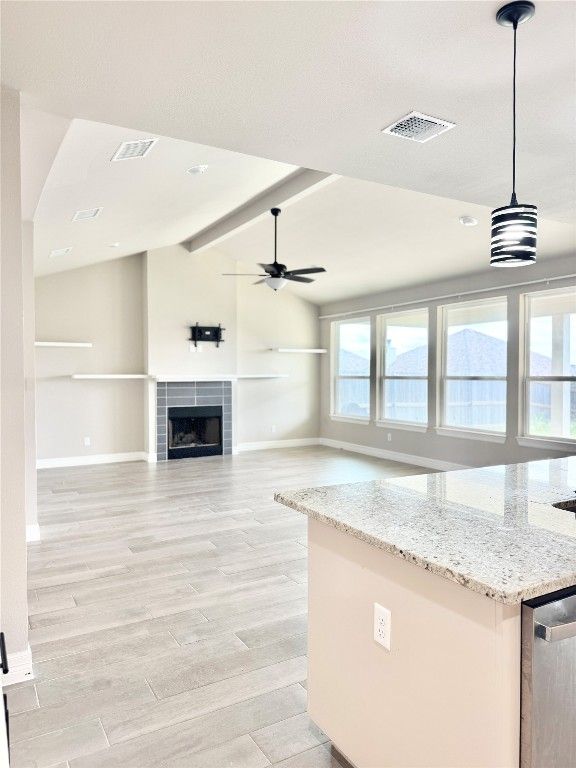 Empty room, Fireplace, Interior, Pendant Lights, Recessed Lighting, Wood Texture Flooring