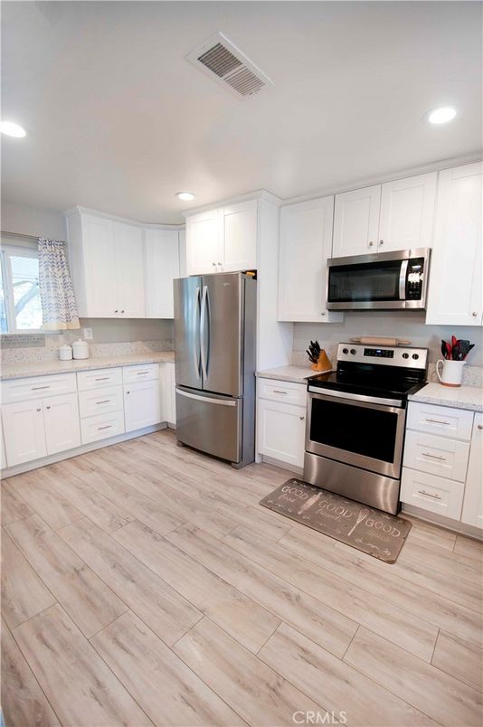 Interior, Kitchen, Recessed Lighting, Stainless Steel Appliances, Wood Texture Flooring