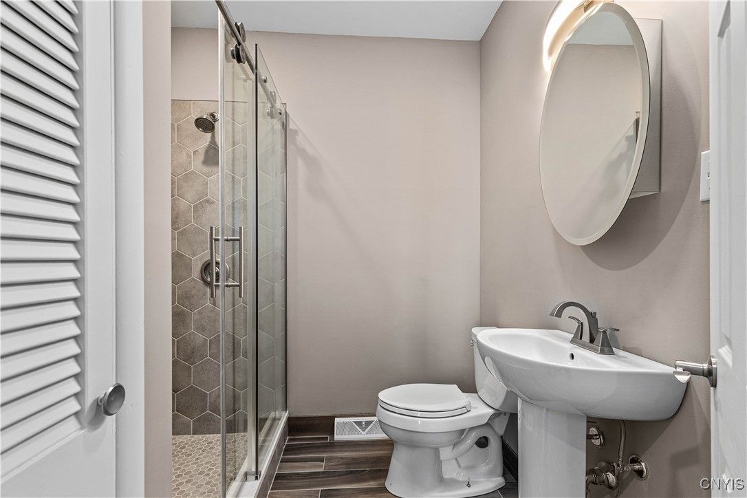Bathroom, Glass Shower, Interior, Wood Texture Flooring