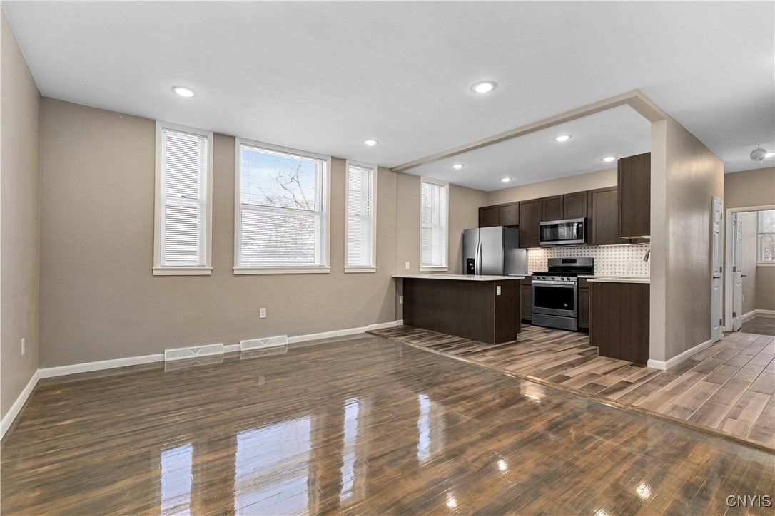 Interior, Kitchen, Recessed Lighting, Stainless Steel Appliances, Wood Texture Flooring