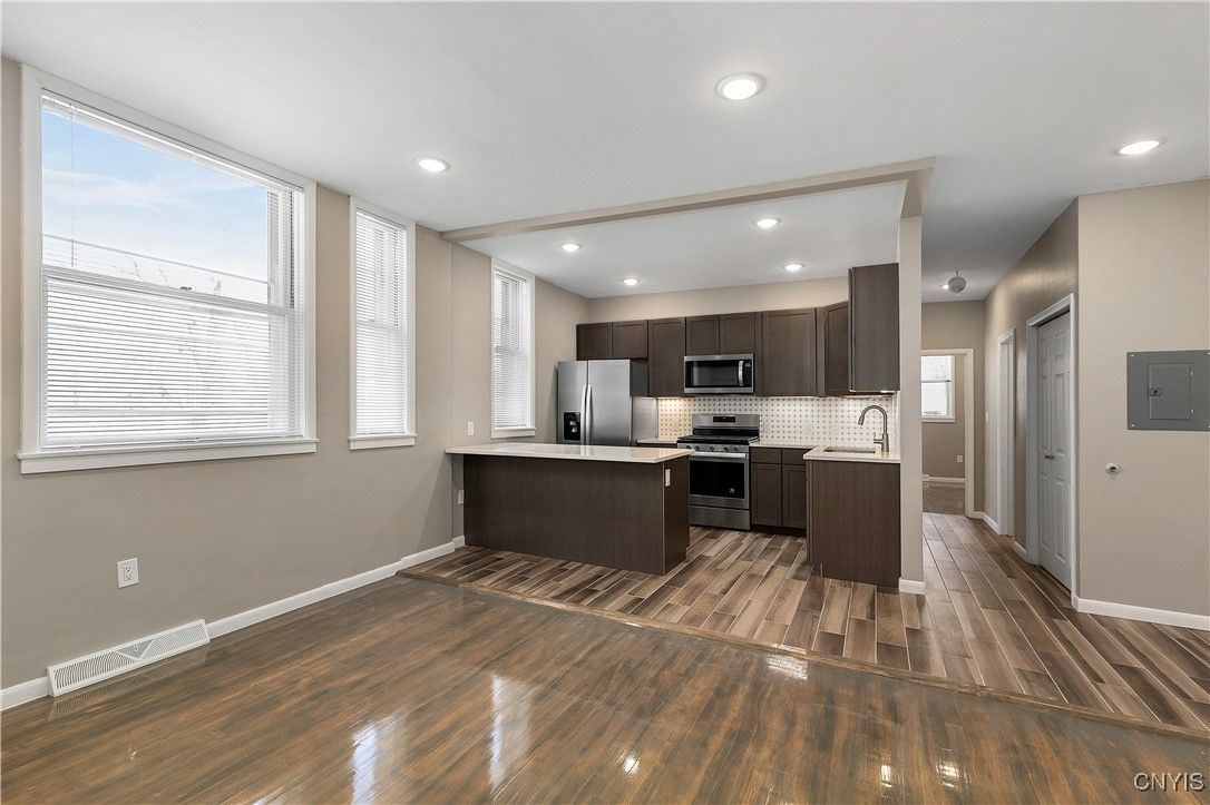 Interior, Kitchen, Recessed Lighting, Stainless Steel Appliances, Wood Texture Flooring