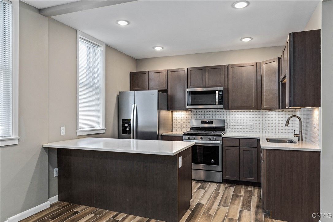 Interior, Kitchen, Recessed Lighting, Stainless Steel Appliances, Wood Texture Flooring