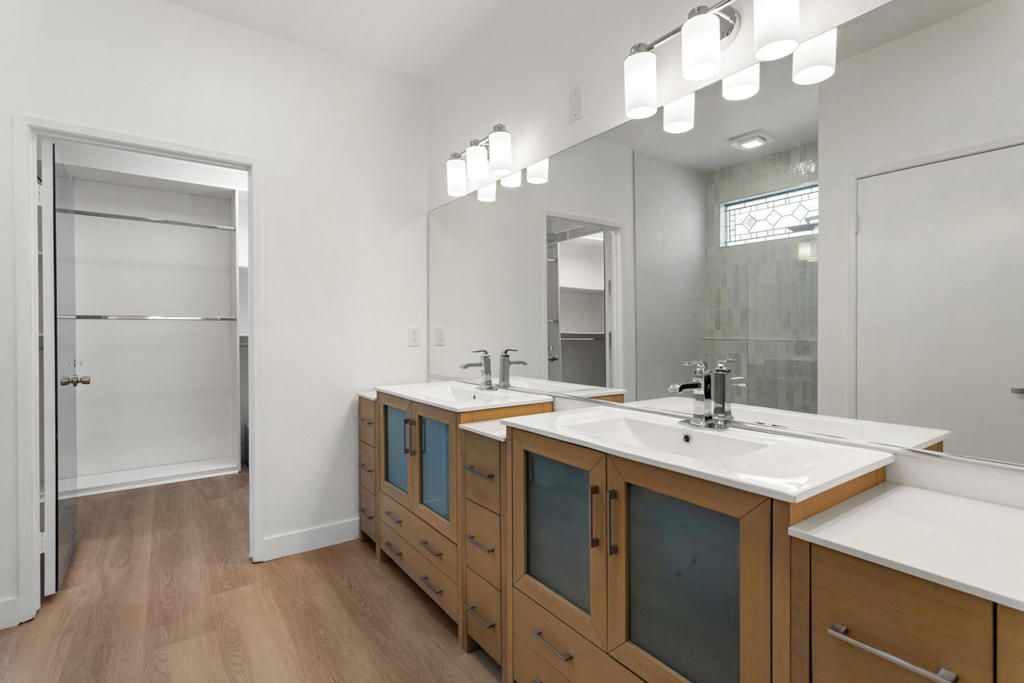 Bathroom, Dual Sink Vanities, Glass Shower, Interior, Wood Texture Flooring