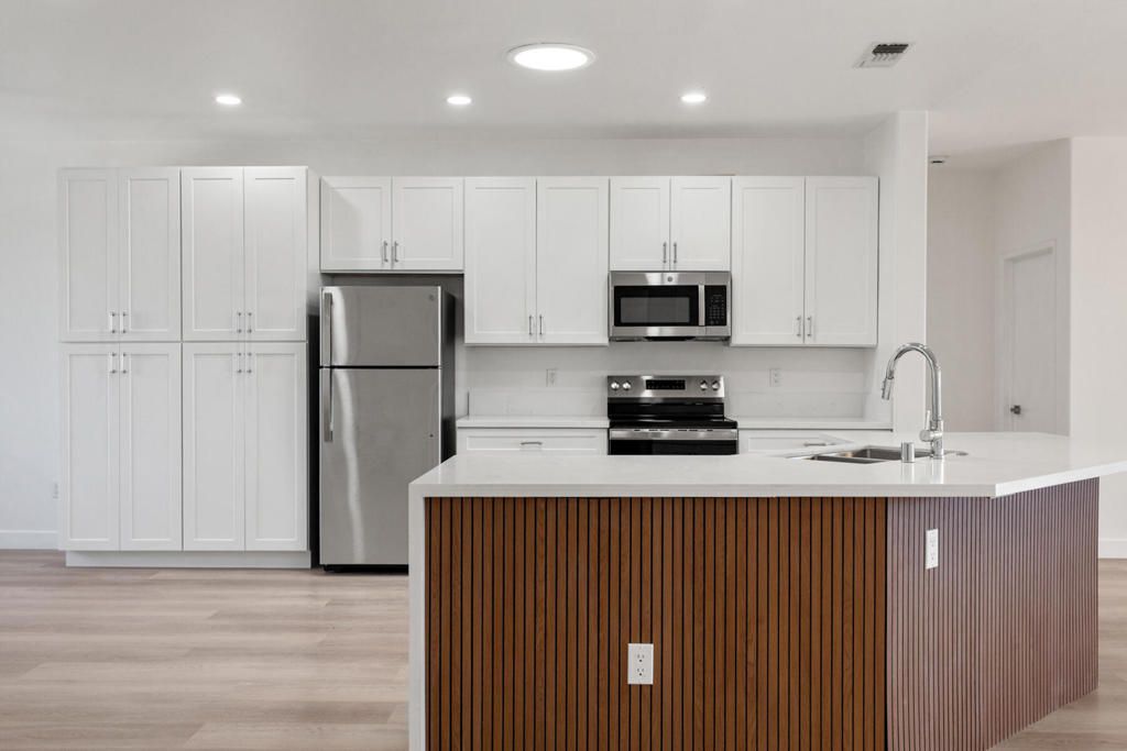 Interior, Kitchen, Recessed Lighting, Stainless Steel Appliances, Wood Texture Flooring