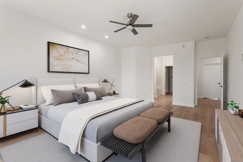 Bedroom, Interior, Recessed Lighting, Wood Texture Flooring