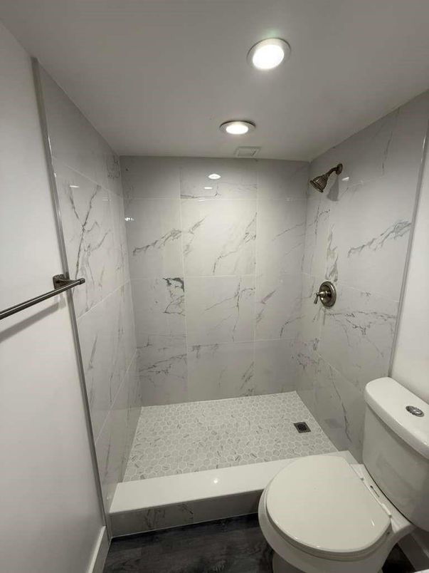 Bathroom, Glass Shower, Interior, Marble Walls, Recessed Lighting