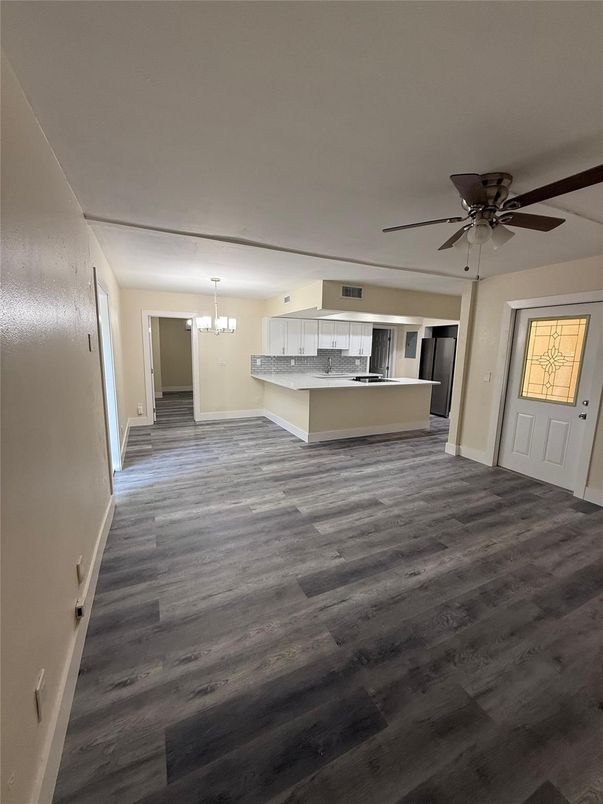 Chandelier, Empty room, Interior, Kitchen, Wood Texture Flooring