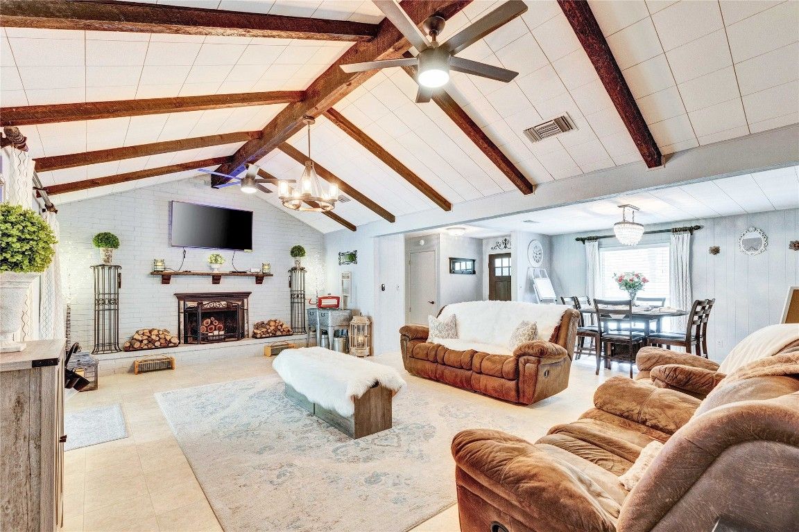 Dining room, Fireplace, Interior, Living room, Pendant Lights, Wooden Beams