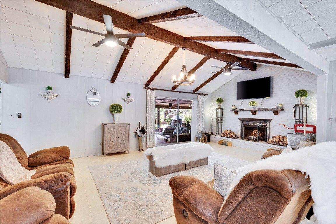 Chandelier, Fireplace, Interior, Living room, Stone Walls, Wooden Beams