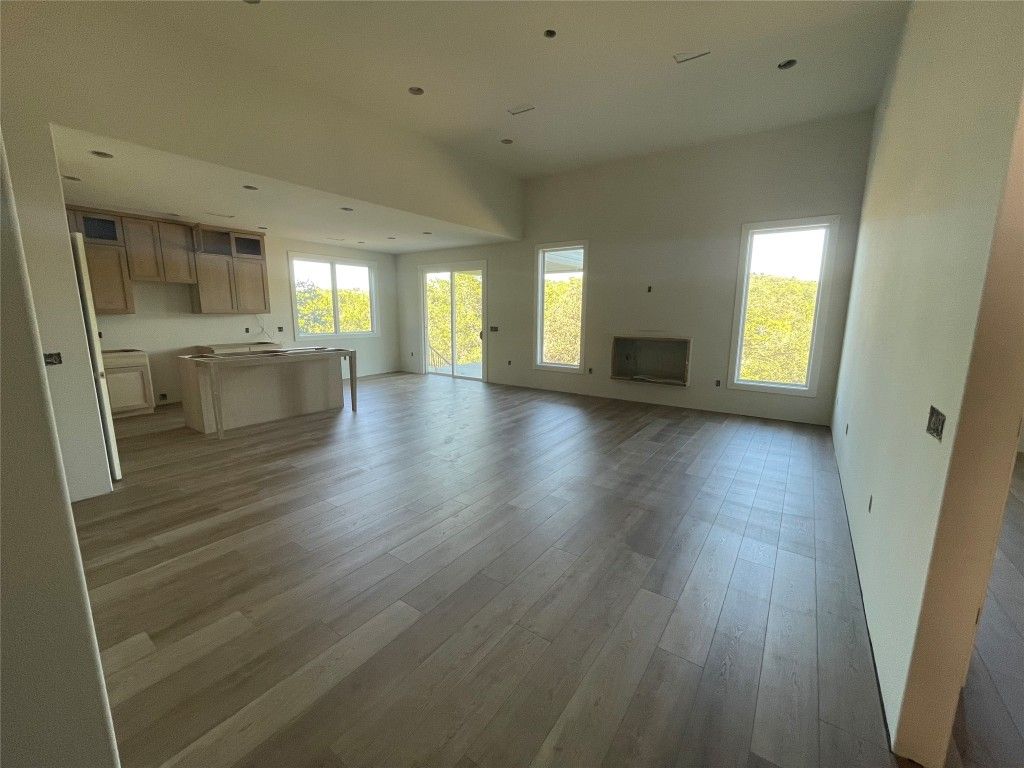 Empty room, Interior, Kitchen, Recessed Lighting, Wood Texture Flooring