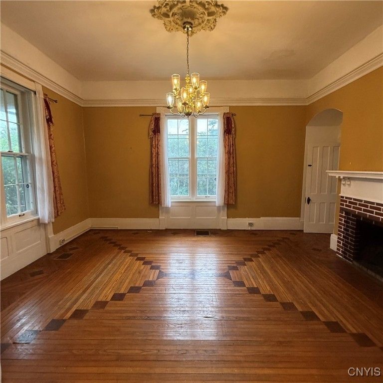 Chandelier, Empty room, Fireplace, Interior, Wood Texture Flooring