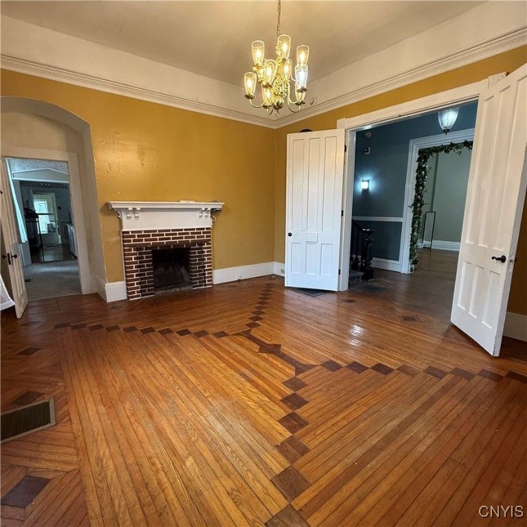 Chandelier, Empty room, Fireplace, Interior, Wood Texture Flooring