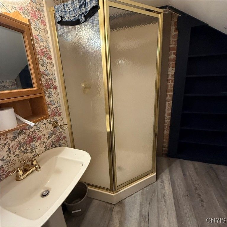 Bathroom, Glass Shower, Interior, Wood Texture Flooring