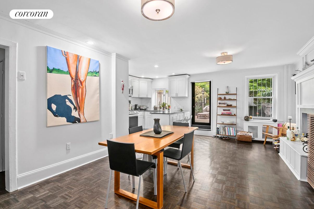 Dining room, Interior, Kitchen, Recessed Lighting, Wood Texture Flooring
