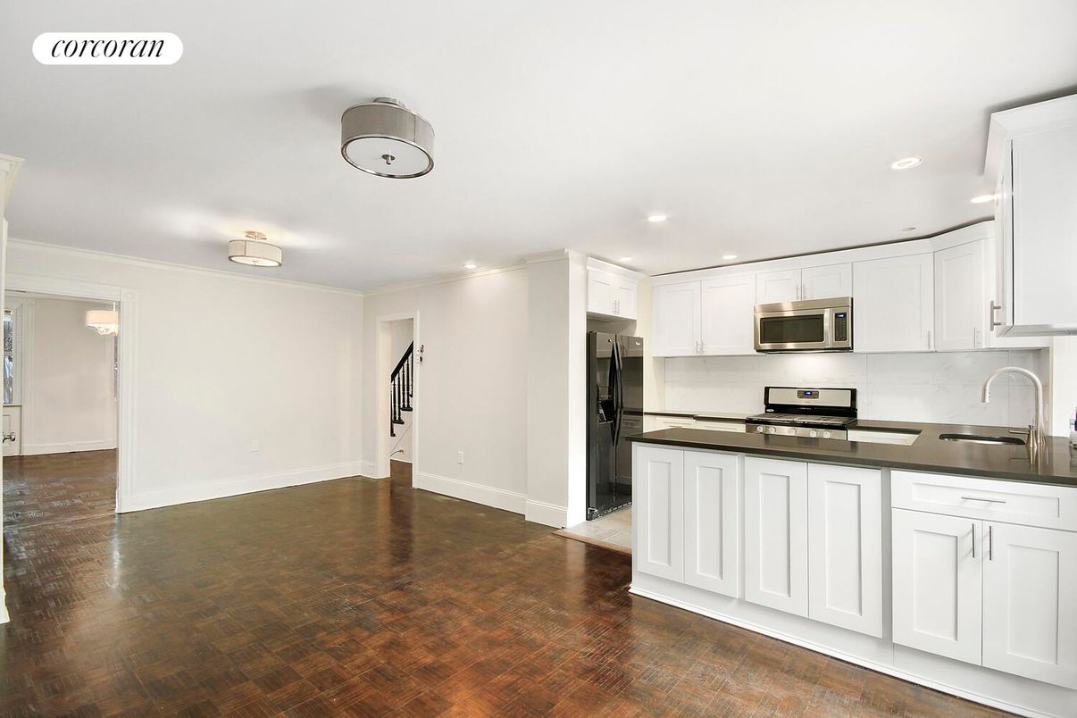 Interior, Kitchen, Recessed Lighting, Stainless Steel Appliances, Wood Texture Flooring