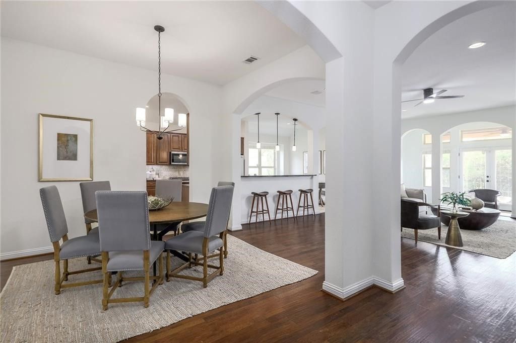 Chandelier, Dining room, Interior, Kitchen, Living room, Pendant Lights, Recessed Lighting, Wood Texture Flooring
