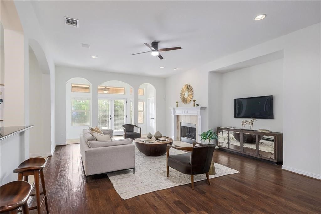 Fireplace, Interior, Living room, Recessed Lighting, Wood Texture Flooring