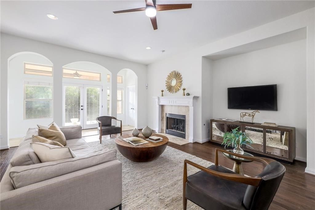 Fireplace, Interior, Living room, Recessed Lighting, Wood Texture Flooring