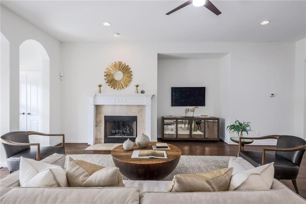 Fireplace, Interior, Living room, Recessed Lighting, Wood Texture Flooring