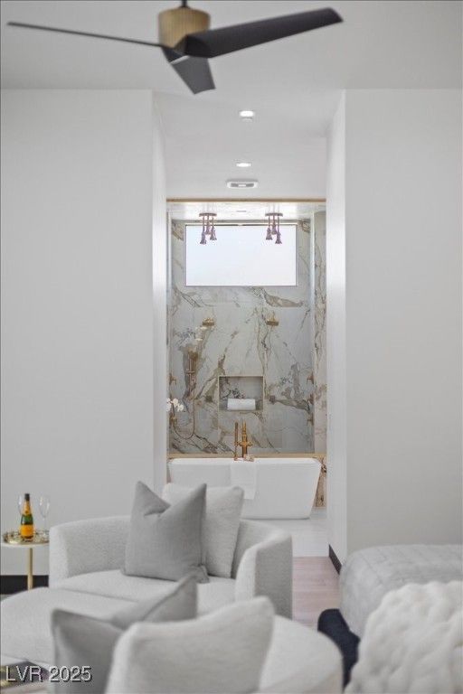 Bathroom, Free Standing Baths, Interior, Marble Walls, Recessed Lighting