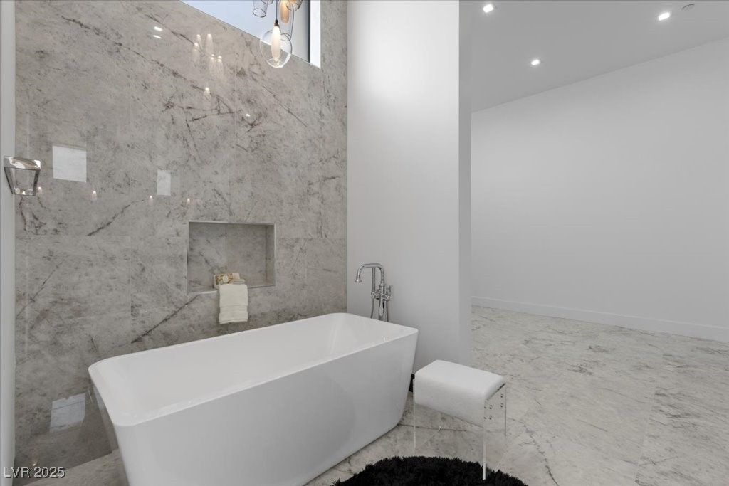 Bathroom, Free Standing Baths, Interior, Marble, Marble Walls, Recessed Lighting