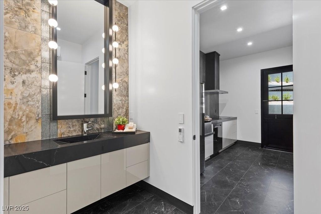 Bathroom, Dual Sink Vanities, Interior, Marble, Recessed Lighting
