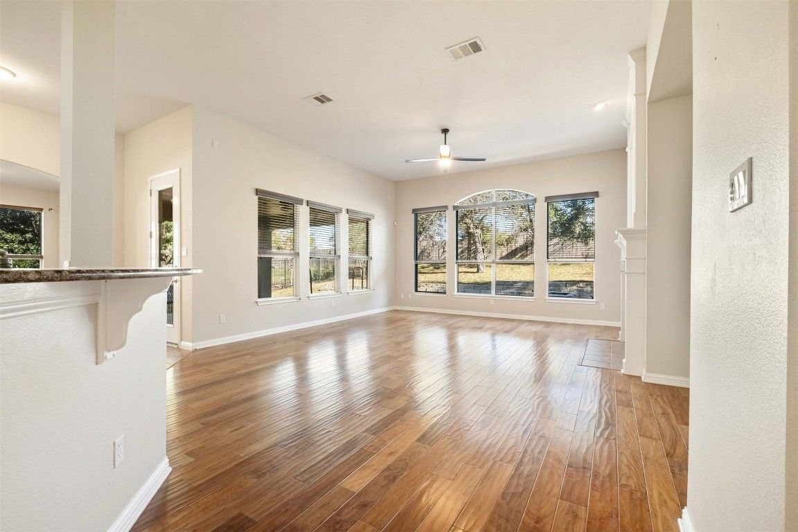 Empty room, Fireplace, Interior, Recessed Lighting, Wood Texture Flooring