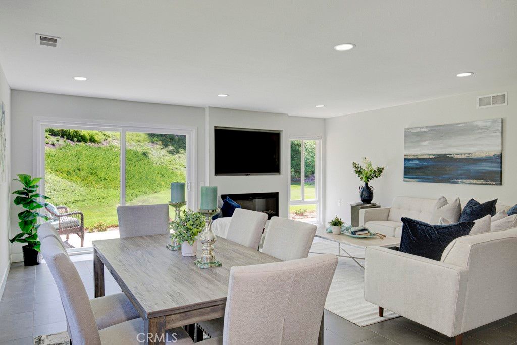 Dining room, Fireplace, Interior, Living room, Recessed Lighting