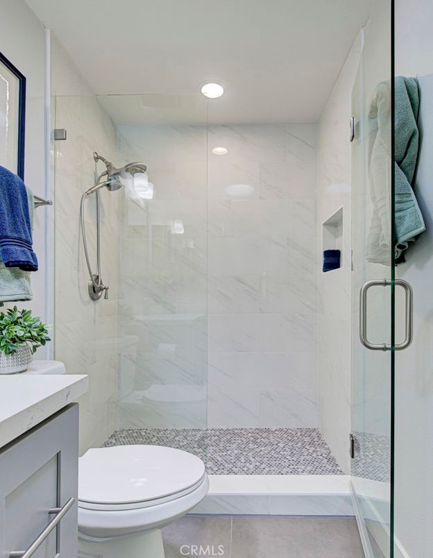 Bathroom, Glass Shower, Interior, Marble Walls, Recessed Lighting