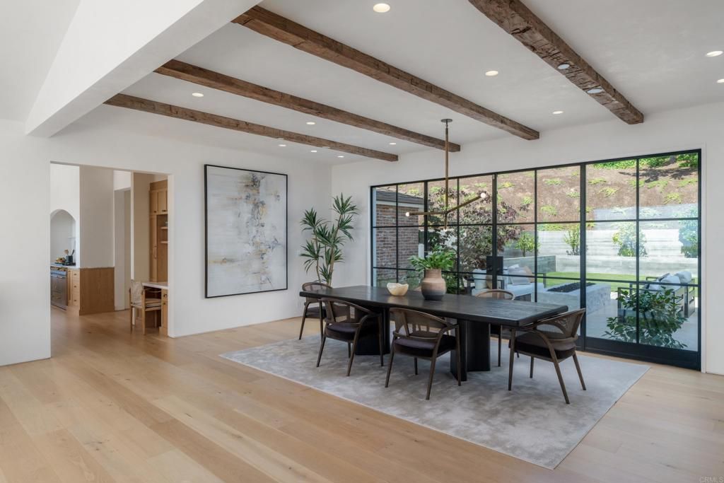 Dining room, Interior, Pendant Lights, Recessed Lighting, Wooden Beams, Wood Texture Flooring