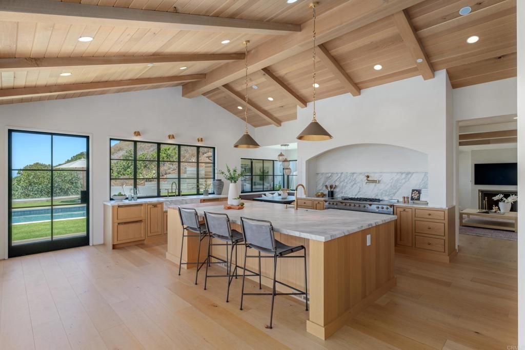 Interior, Kitchen, Marble Walls, Pendant Lights, Recessed Lighting, Stainless Steel Appliances, Wooden Beams, Wooden Ceilings, Wood Texture Flooring