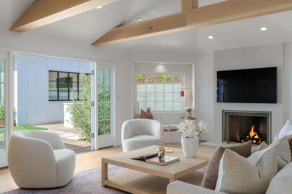 Fireplace, Interior, Living room, Recessed Lighting, Wooden Beams, Wood Texture Flooring