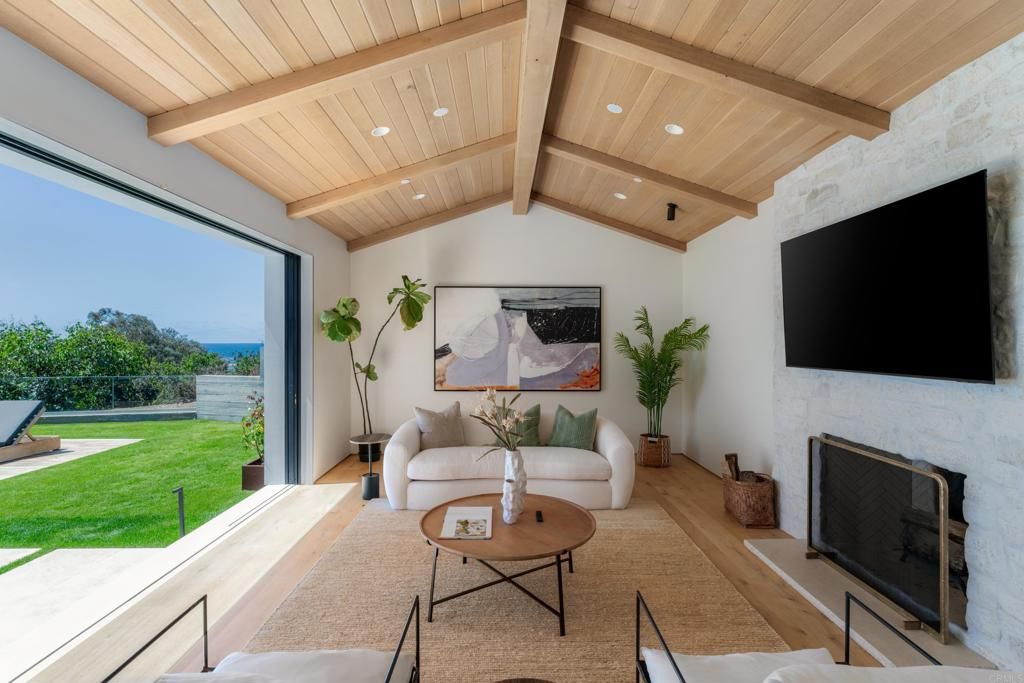 Fireplace, Interior, Living room, Recessed Lighting, Stone Walls, Water, Wooden Beams, Wooden Ceilings, Wood Texture Flooring