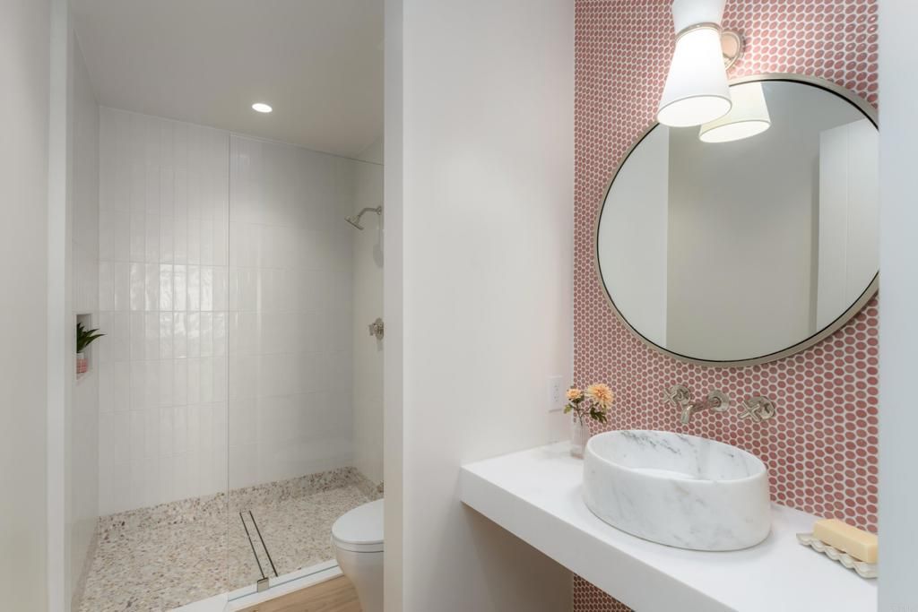Bathroom, Glass Shower, Interior, Recessed Lighting, Wood Texture Flooring