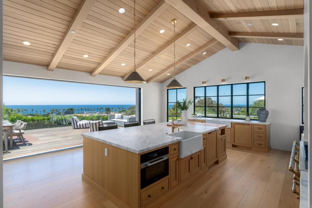 Dining room, Interior, Kitchen, Pendant Lights, Recessed Lighting, Water, Wooden Beams, Wooden Ceilings, Wood Texture Flooring