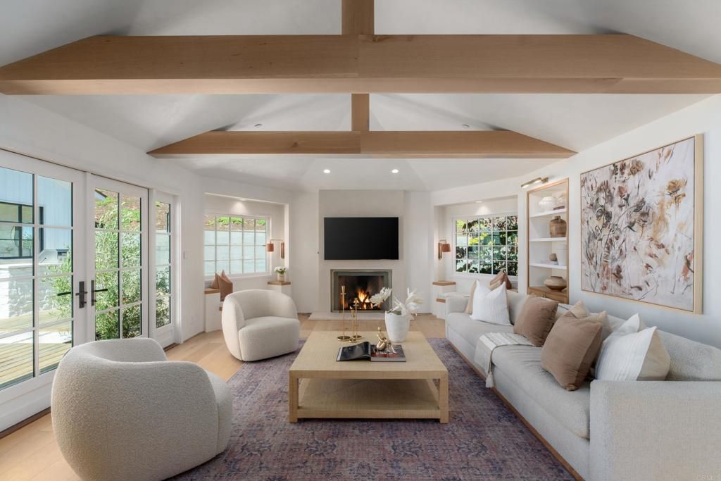 Fireplace, Interior, Living room, Recessed Lighting, Wooden Beams, Wood Texture Flooring