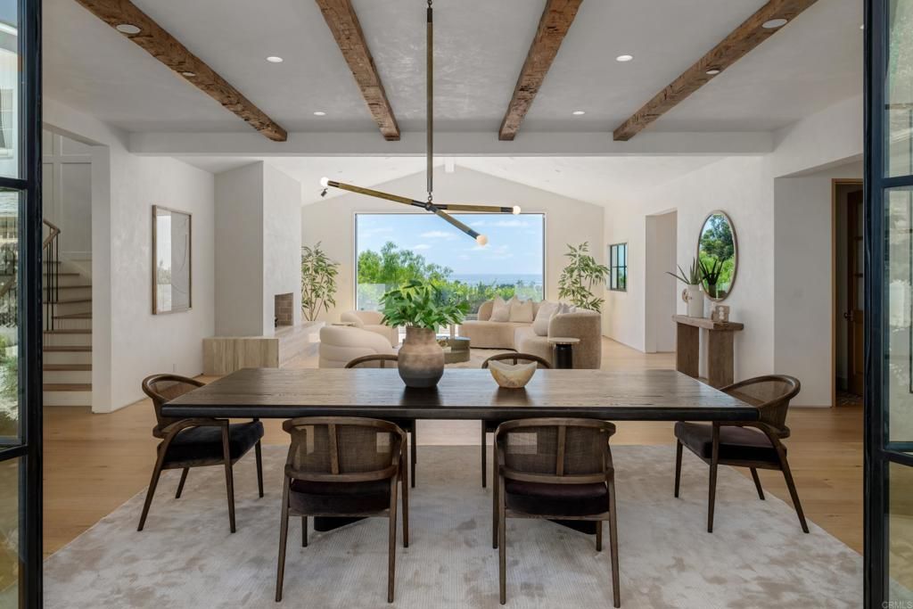 Dining room, Interior, Pendant Lights, Recessed Lighting, Wooden Beams, Wood Texture Flooring