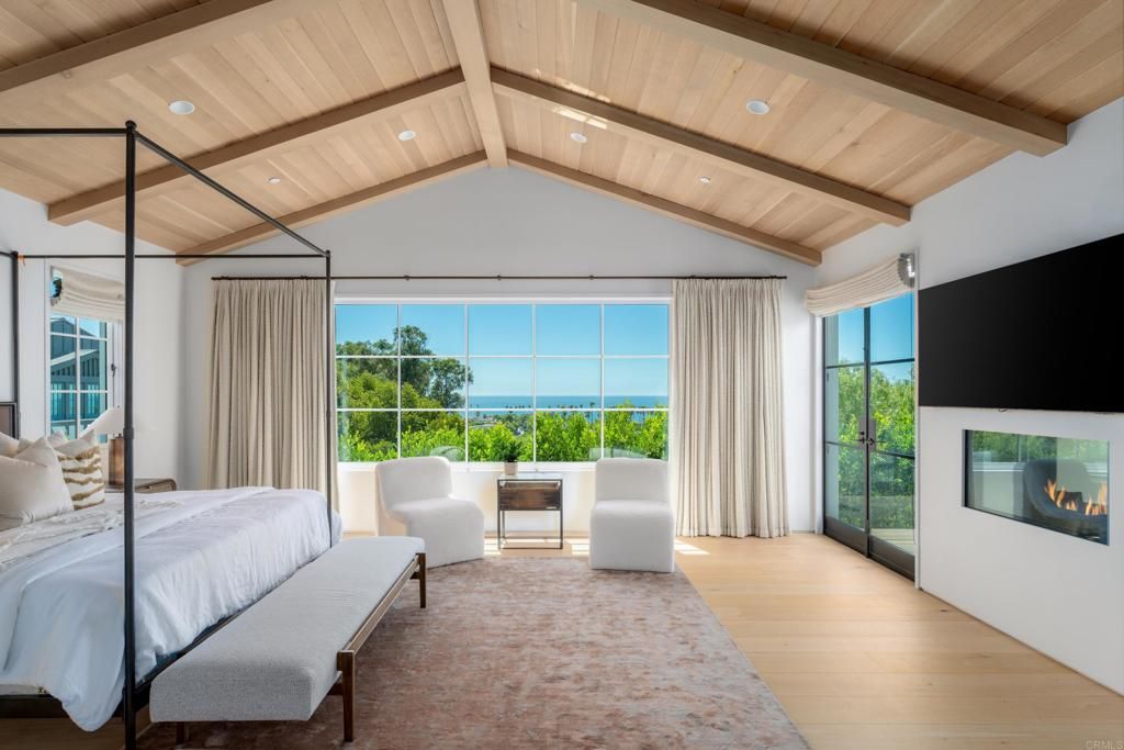Bedroom, Fireplace, Interior, Recessed Lighting, Water, Wooden Beams, Wooden Ceilings, Wood Texture Flooring