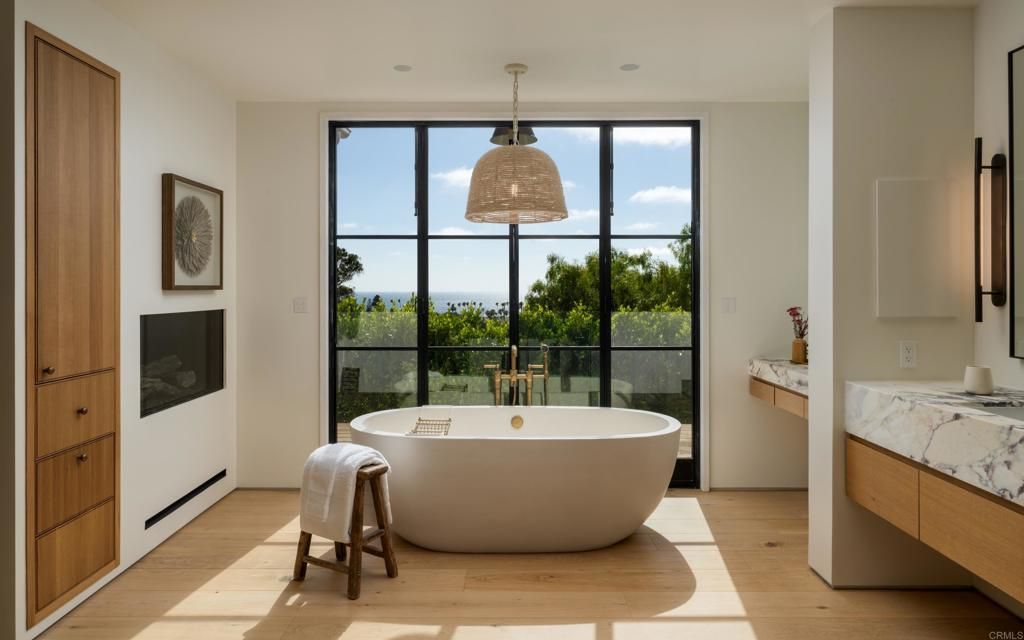 Bathroom, Free Standing Baths, Interior, Pendant Lights, Wood Texture Flooring