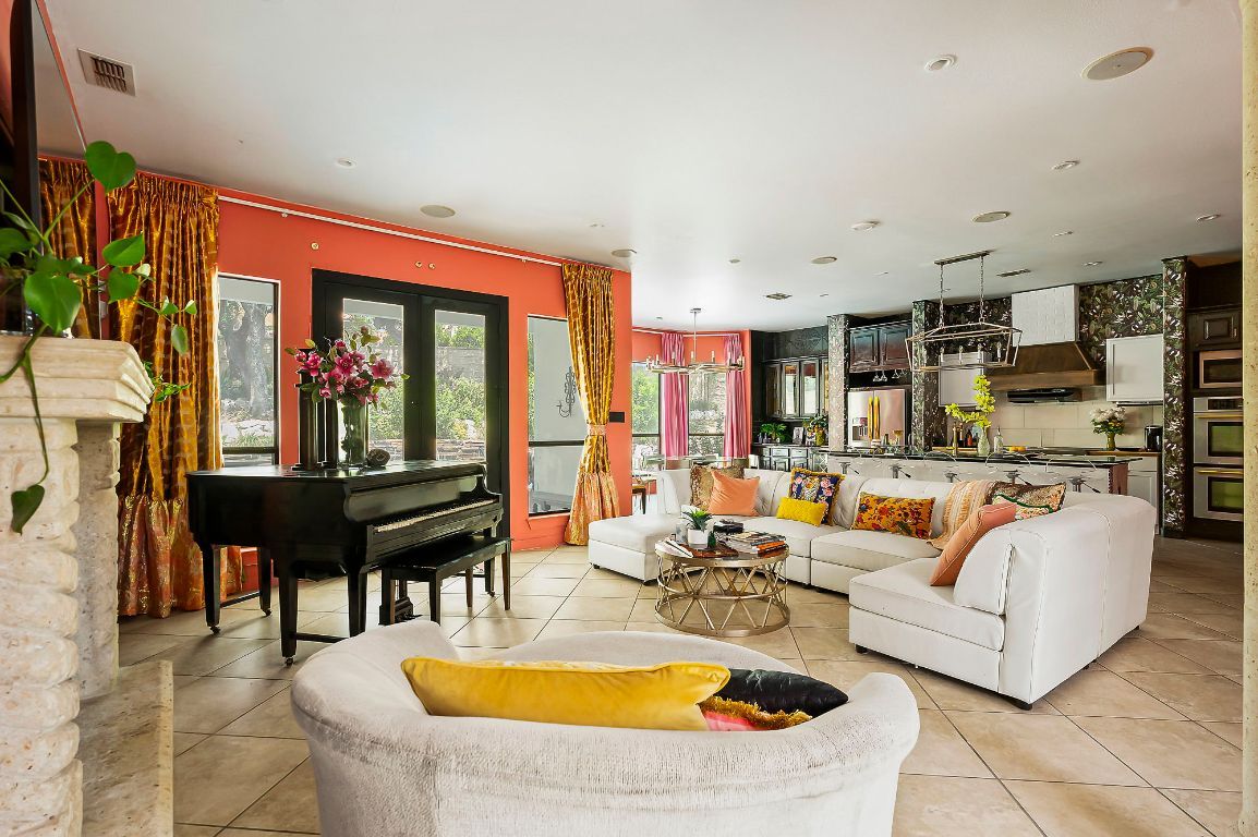 Fireplace, Interior, Kitchen, Living room, Pendant Lights, Piano, Recessed Lighting