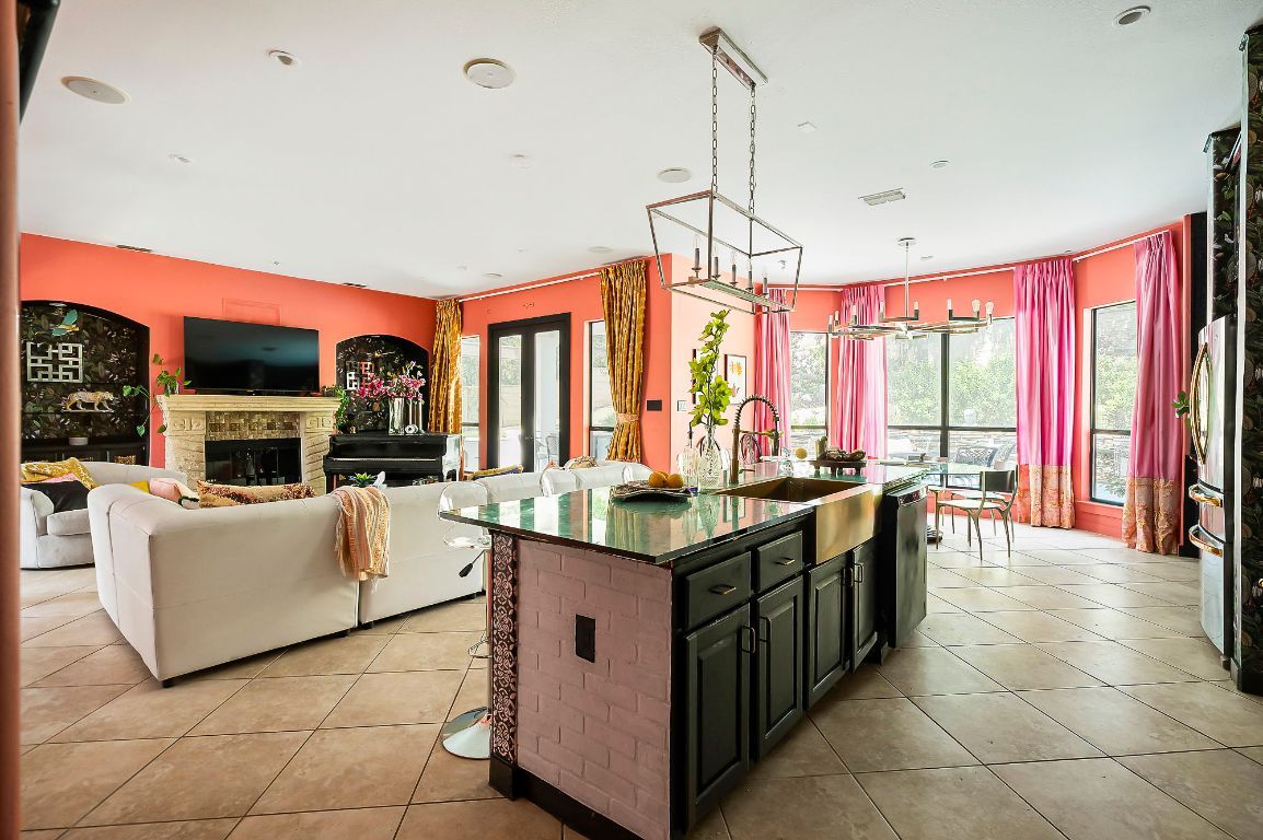 Dining room, Fireplace, Interior, Kitchen, Living room, Pendant Lights, Recessed Lighting
